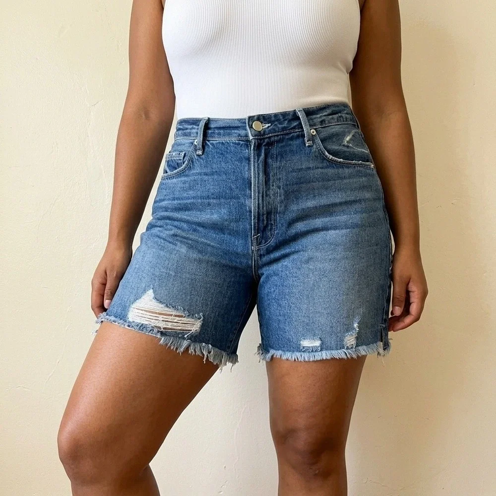 Good American Womens Shorts 10/30 Blue Distressed Frayed Hem High Rise Denim